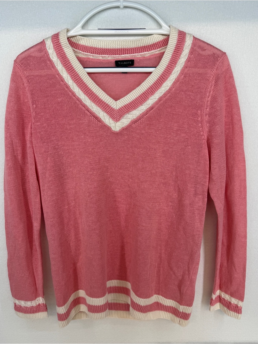 NWOT Talbots Varsity Pink White 100% Linen V-Neck Sweater Size M